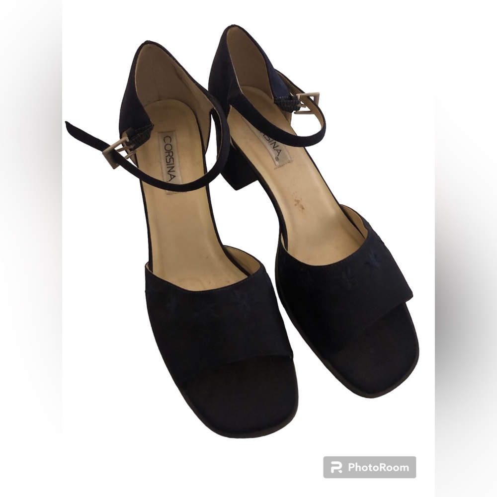 Navy Blue Block Heal Open Toe Fabric Sling Backs by Corsina Size 10 M